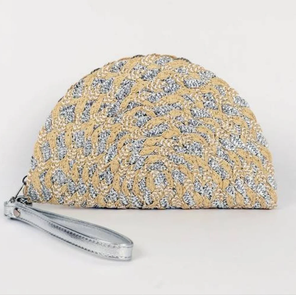 NWT Pia Rossini Straw with Silver Metallic Clutch